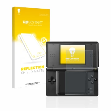 Parte frontal de un envase de producto con el logotipo de la marca upscreen. Al lado se muestra el dispositivo Nintendo DS LIT