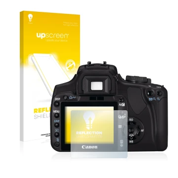 Parte frontal de un envase de producto con el logotipo de la marca upscreen. Al lado se muestra el dispositivo Canon EOS 400D 
