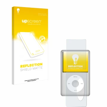 Parte frontal de un envase de producto con el logotipo de la marca upscreen. Al lado se muestra el dispositivo Apple iPod Clas