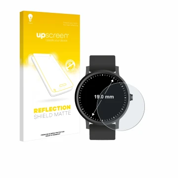 Parte frontal de un envase de producto con el logotipo de la marca upscreen. Al lado se muestra el dispositivo Relojes (Circul