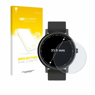 Parte frontal de un envase de producto con el logotipo de la marca upscreen. Al lado se muestra el dispositivo Relojes (circul
