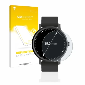 Parte frontal de un envase de producto con el logotipo de la marca upscreen. Al lado se muestra el dispositivo Relojes (Circul