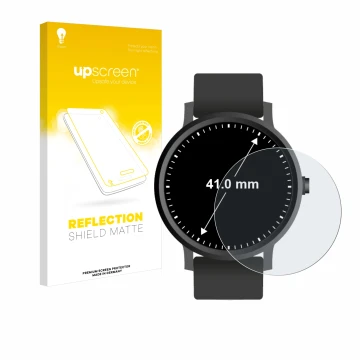 Parte frontal de un envase de producto con el logotipo de la marca upscreen. Al lado se muestra el dispositivo Relojes (Circul