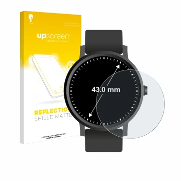 Parte frontal de un envase de producto con el logotipo de la marca upscreen. Al lado se muestra el dispositivo Relojes (Circul