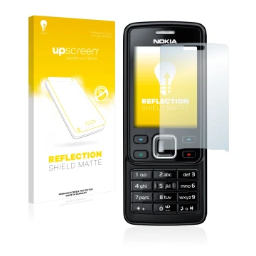 Parte frontal de un envase de producto con el logotipo de la marca upscreen. Al lado se muestra el dispositivo Nokia 6300 2007