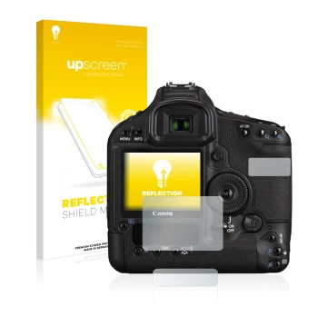 Parte frontal de un envase de producto con el logotipo de la marca upscreen. Al lado se muestra el dispositivo Canon EOS 1D Ma