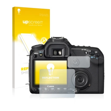 Parte frontal de un envase de producto con el logotipo de la marca upscreen. Al lado se muestra el dispositivo Canon EOS 40D c