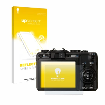 Parte frontal de un envase de producto con el logotipo de la marca upscreen. Al lado se muestra el dispositivo Canon PowerShot