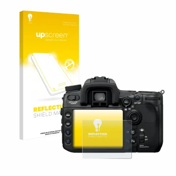 Parte frontal de un envase de producto con el logotipo de la marca upscreen. Al lado se muestra el dispositivo Sony Alpha 700 
