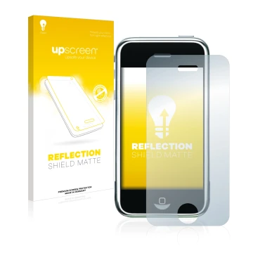 Parte frontal de un envase de producto con el logotipo de la marca upscreen. Al lado se muestra el dispositivo Apple iPhone 2G