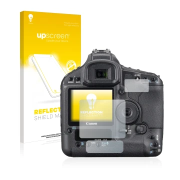 Parte frontal de un envase de producto con el logotipo de la marca upscreen. Al lado se muestra el dispositivo Canon EOS 1Ds M