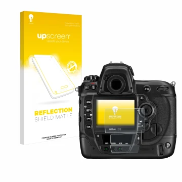 Parte frontal de un envase de producto con el logotipo de la marca upscreen. Al lado se muestra el dispositivo Nikon D3 con su
