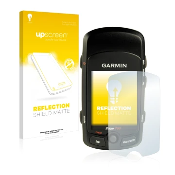 Parte frontal de un envase de producto con el logotipo de la marca upscreen. Al lado se muestra el dispositivo Garmin Edge 705