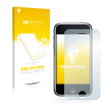 Parte frontal de un envase de producto con el logotipo de la marca upscreen. Al lado se muestra el dispositivo Apple iPhone 3G