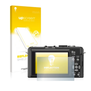 Parte frontal de un envase de producto con el logotipo de la marca upscreen. Al lado se muestra el dispositivo Panasonic Lumix