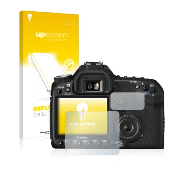 Parte frontal de un envase de producto con el logotipo de la marca upscreen. Al lado se muestra el dispositivo Canon EOS 50D c
