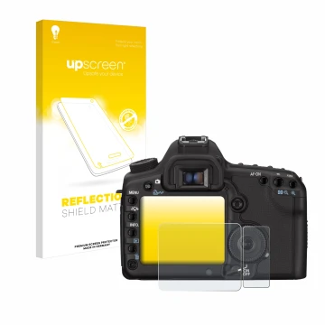 Parte frontal de un envase de producto con el logotipo de la marca upscreen. Al lado se muestra el dispositivo Canon EOS 5D Ma