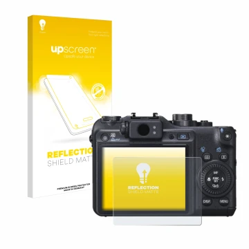 Parte frontal de un envase de producto con el logotipo de la marca upscreen. Al lado se muestra el dispositivo Canon PowerShot