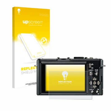 Parte frontal de un envase de producto con el logotipo de la marca upscreen. Al lado se muestra el dispositivo Leica D-Lux 4 c