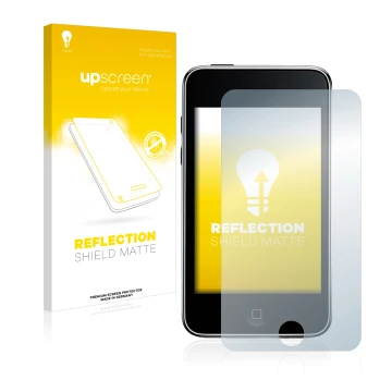 Parte frontal de un envase de producto con el logotipo de la marca upscreen. Al lado se muestra el dispositivo Apple iPod Touc