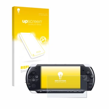 Parte frontal de un envase de producto con el logotipo de la marca upscreen. Al lado se muestra el dispositivo Sony PSP 3000 c