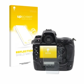 Parte frontal de un envase de producto con el logotipo de la marca upscreen. Al lado se muestra el dispositivo Nikon D3x con s