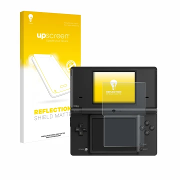 Parte frontal de un envase de producto con el logotipo de la marca upscreen. Al lado se muestra el dispositivo Nintendo DSi co