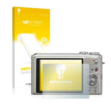 Parte frontal de un envase de producto con el logotipo de la marca upscreen. Al lado se muestra el dispositivo Panasonic Lumix