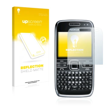 Parte frontal de un envase de producto con el logotipo de la marca upscreen. Al lado se muestra el dispositivo Nokia E72 con s