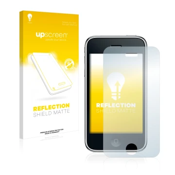 Parte frontal de un envase de producto con el logotipo de la marca upscreen. Al lado se muestra el dispositivo Apple iPhone 3G