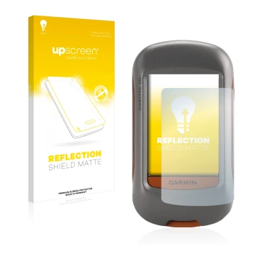 Parte frontal de un envase de producto con el logotipo de la marca upscreen. Al lado se muestra el dispositivo Garmin Dakota 2