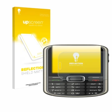 Parte frontal de un envase de producto con el logotipo de la marca upscreen. Al lado se muestra el dispositivo Nokia 3720 clas