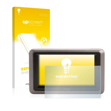 Parte frontal de un envase de producto con el logotipo de la marca upscreen. Al lado se muestra el dispositivo Garmin zumo 660