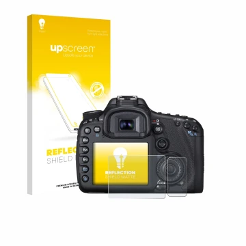 Parte frontal de un envase de producto con el logotipo de la marca upscreen. Al lado se muestra el dispositivo Canon EOS 7D co