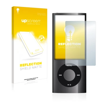 Parte frontal de un envase de producto con el logotipo de la marca upscreen. Al lado se muestra el dispositivo Apple iPod nano