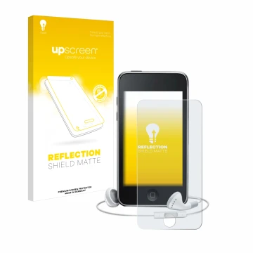 Parte frontal de un envase de producto con el logotipo de la marca upscreen. Al lado se muestra el dispositivo Apple iPod Touc