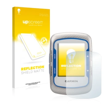 Parte frontal de un envase de producto con el logotipo de la marca upscreen. Al lado se muestra el dispositivo Garmin Edge 500