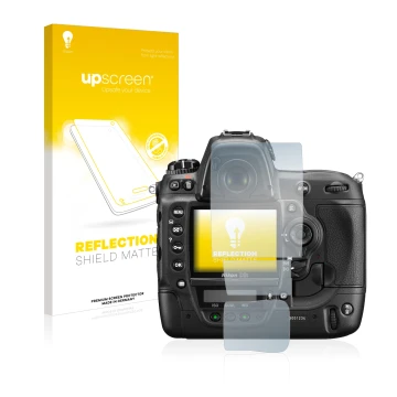 Parte frontal de un envase de producto con el logotipo de la marca upscreen. Al lado se muestra el dispositivo Nikon D3S con s