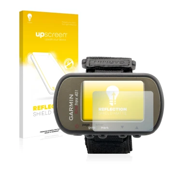 Parte frontal de un envase de producto con el logotipo de la marca upscreen. Al lado se muestra el dispositivo Garmin Foretrex