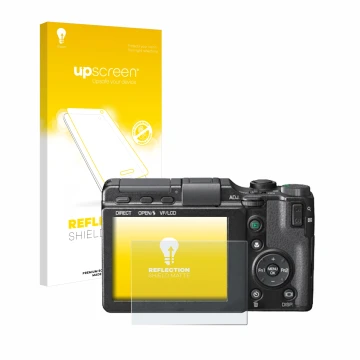 Parte frontal de un envase de producto con el logotipo de la marca upscreen. Al lado se muestra el dispositivo Ricoh GXR con s
