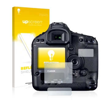 Parte frontal de un envase de producto con el logotipo de la marca upscreen. Al lado se muestra el dispositivo Canon EOS 1D Ma