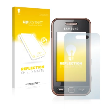 Parte frontal de un envase de producto con el logotipo de la marca upscreen. Al lado se muestra el dispositivo Samsung GT-S523