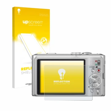 Parte frontal de un envase de producto con el logotipo de la marca upscreen. Al lado se muestra el dispositivo Panasonic Lumix
