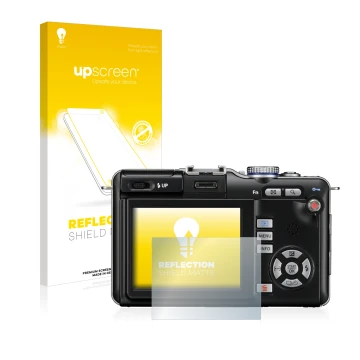 Parte frontal de un envase de producto con el logotipo de la marca upscreen. Al lado se muestra el dispositivo Olympus PEN E-P