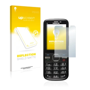 Parte frontal de un envase de producto con el logotipo de la marca upscreen. Al lado se muestra el dispositivo Nokia C5-00 con