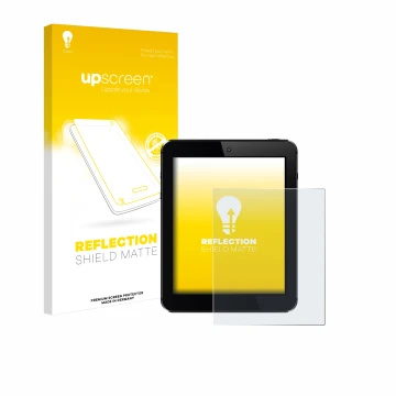 Parte frontal de un envase de producto con el logotipo de la marca upscreen. Al lado se muestra el dispositivo con su protecto