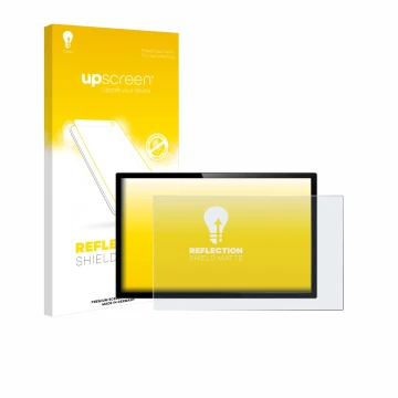 Parte frontal de un envase de producto con el logotipo de la marca upscreen. Al lado se muestra el dispositivo con su protecto