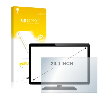Parte frontal de un envase de producto con el logotipo de la marca upscreen. Al lado se muestra el dispositivo con su protecto