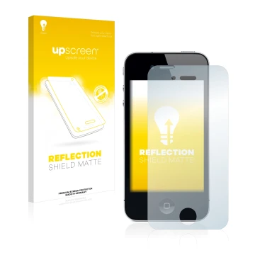 Parte frontal de un envase de producto con el logotipo de la marca upscreen. Al lado se muestra el dispositivo Apple iPhone 4 