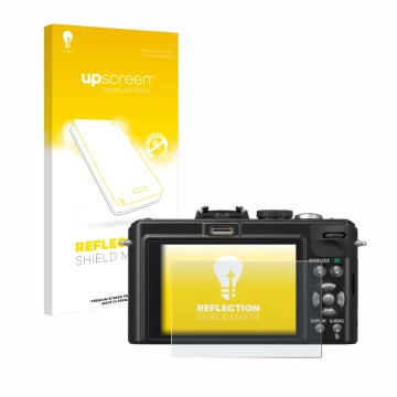 Parte frontal de un envase de producto con el logotipo de la marca upscreen. Al lado se muestra el dispositivo Panasonic Lumix